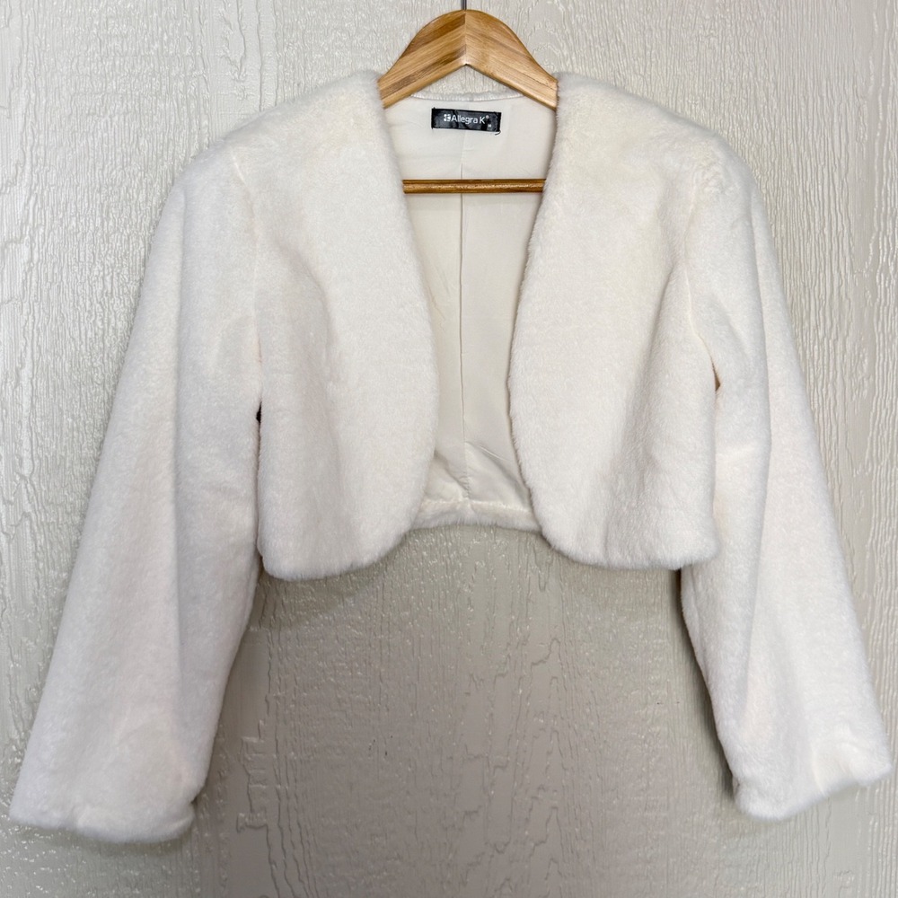 Allegra K Women Cream White Faux Fur Cropped Bolero Shrug Jacket Medium